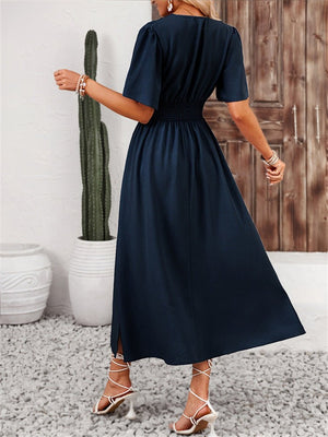 Lotus leaf sleeve slit elastic waist dress solid color long dress for summer - Negative Apparel