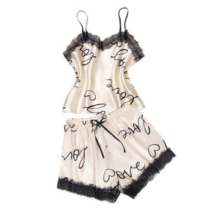 love cute printed pajamas women's summer lace splicing set DT22326 - Negative Apparel