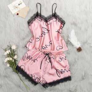 love cute printed pajamas women's summer lace splicing set DT22326 - Negative Apparel