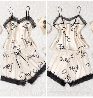 love cute printed pajamas women's summer lace splicing set DT22326 - Negative Apparel