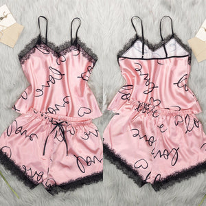 love cute printed pajamas women's summer lace splicing set DT22326 - Negative Apparel