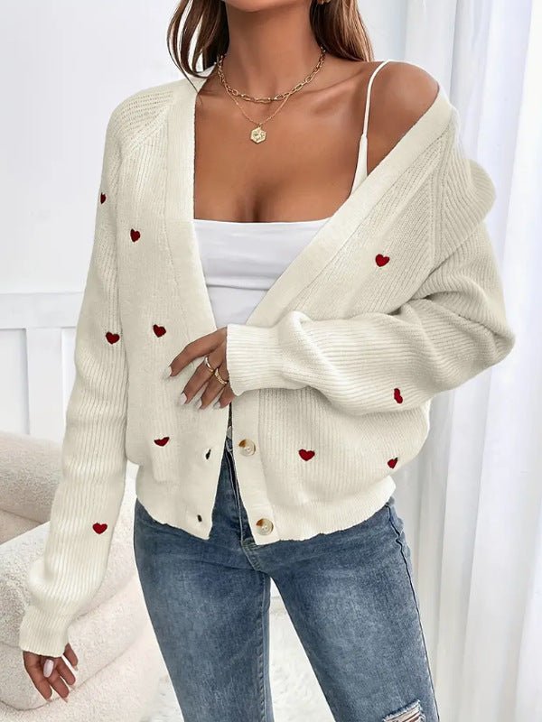 Love Pattern V - Neck Cardigan for Women – Thick Wool Knit - Negative Apparel