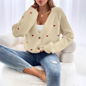 Love Pattern V - Neck Cardigan for Women – Thick Wool Knit - Negative Apparel