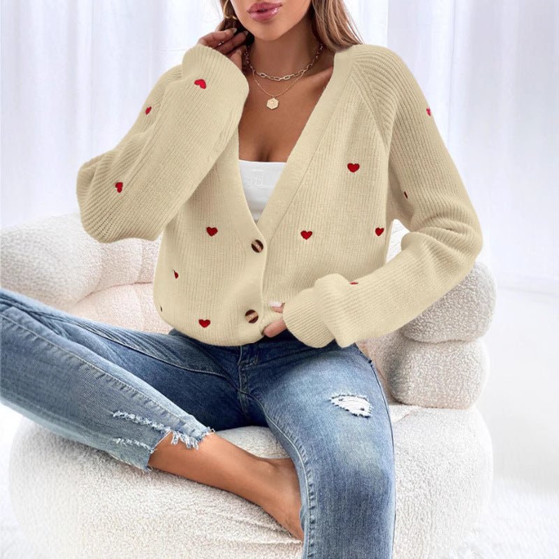 Love Pattern V - Neck Cardigan for Women – Thick Wool Knit - Negative Apparel