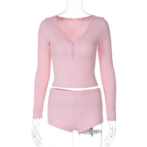 Low - cut V - neck tight long - sleeved top fashionable sports style shorts two - piece suit - Negative Apparel
