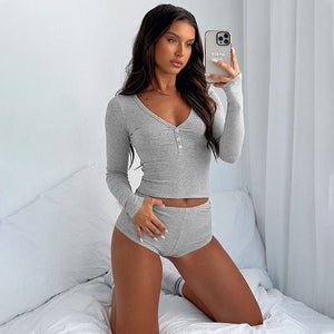 Low - cut V - neck tight long - sleeved top fashionable sports style shorts two - piece suit - Negative Apparel