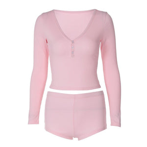 Low - cut V - neck tight long - sleeved top fashionable sports style shorts two - piece suit - Negative Apparel