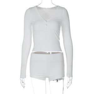Low - cut V - neck tight long - sleeved top fashionable sports style shorts two - piece suit - Negative Apparel