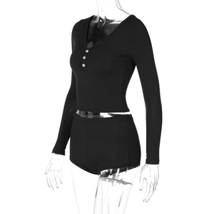 Low - cut V - neck tight long - sleeved top fashionable sports style shorts two - piece suit - Negative Apparel