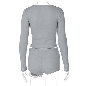 Low - cut V - neck tight long - sleeved top fashionable sports style shorts two - piece suit - Negative Apparel