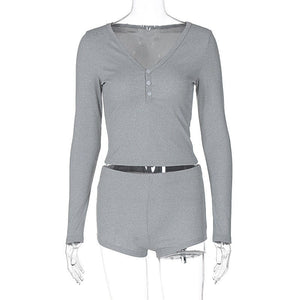 Low - cut V - neck tight long - sleeved top fashionable sports style shorts two - piece suit - Negative Apparel