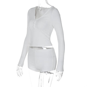 Low - cut V - neck tight long - sleeved top fashionable sports style shorts two - piece suit - Negative Apparel
