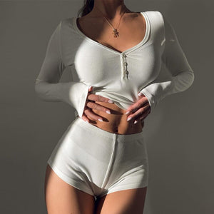Low - cut V - neck tight long - sleeved top fashionable sports style shorts two - piece suit - Negative Apparel