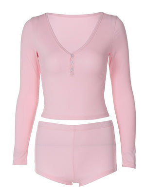 Low - cut V - neck tight long - sleeved top fashionable sports style shorts two - piece suit - Negative Apparel