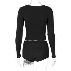 Low - cut V - neck tight long - sleeved top fashionable sports style shorts two - piece suit - Negative Apparel