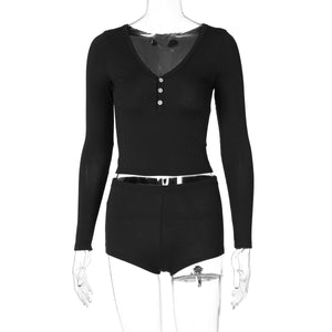 Low - cut V - neck tight long - sleeved top fashionable sports style shorts two - piece suit - Negative Apparel