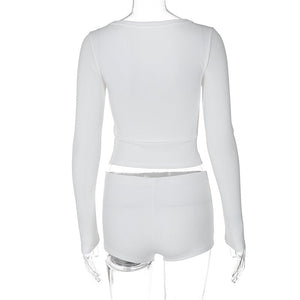 Low - cut V - neck tight long - sleeved top fashionable sports style shorts two - piece suit - Negative Apparel