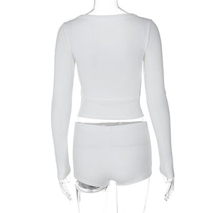 Low - cut V - neck tight long - sleeved top fashionable sports style shorts two - piece suit - Negative Apparel