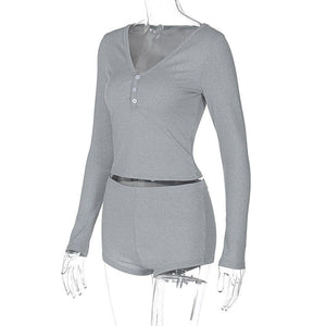 Low - cut V - neck tight long - sleeved top fashionable sports style shorts two - piece suit - Negative Apparel