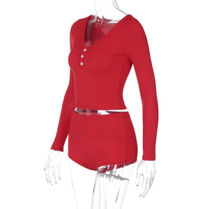 Low - cut V - neck tight long - sleeved top fashionable sports style shorts two - piece suit - Negative Apparel