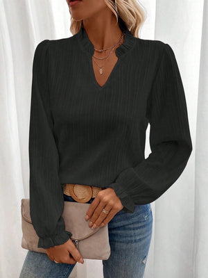 LUNE Notched Neckline Flounce Sleeve Blouse - Negative Apparel