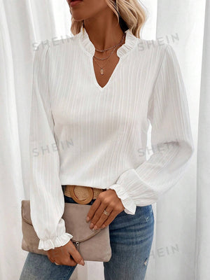 LUNE Notched Neckline Flounce Sleeve Blouse - Negative Apparel