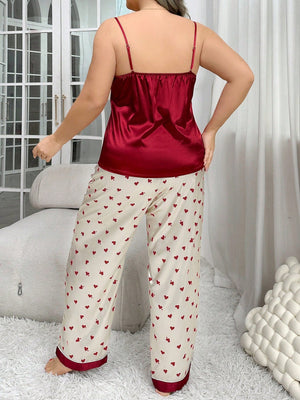 LuxeNights Silk - Like Heart Printed Color - Block Tank Top And Long Pants Plus Size Pajama Set - Negative Apparel