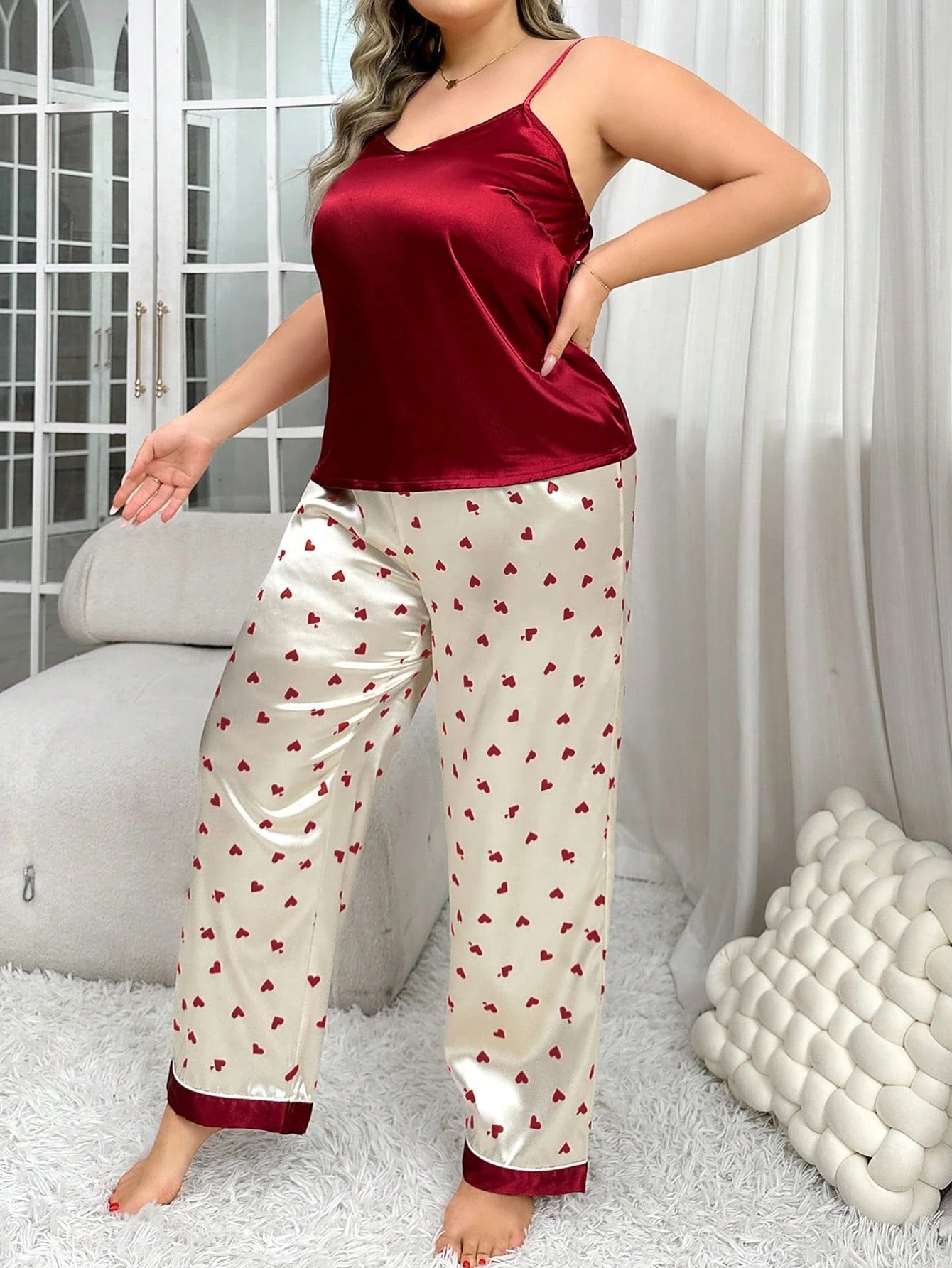 LuxeNights Silk - Like Heart Printed Color - Block Tank Top And Long Pants Plus Size Pajama Set - Negative Apparel