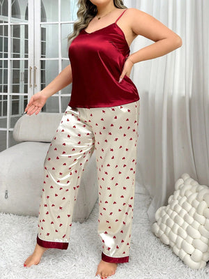 LuxeNights Silk - Like Heart Printed Color - Block Tank Top And Long Pants Plus Size Pajama Set - Negative Apparel