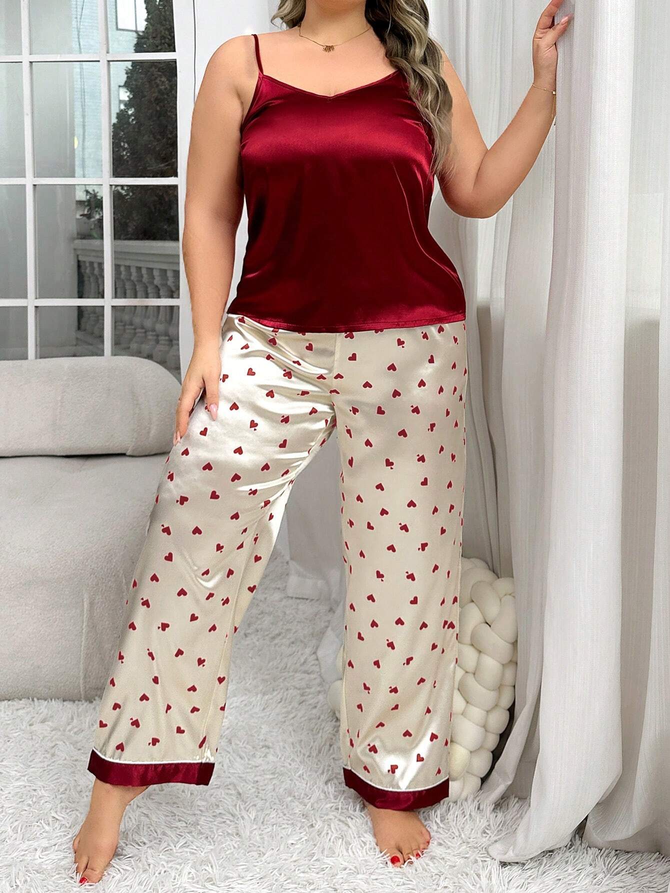 LuxeNights Silk - Like Heart Printed Color - Block Tank Top And Long Pants Plus Size Pajama Set - Negative Apparel