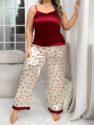 LuxeNights Silk - Like Heart Printed Color - Block Tank Top And Long Pants Plus Size Pajama Set - Negative Apparel