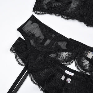 Mesh Embroidery Splicing V - Neck Sxy Underwear Gloves Five - piece Set - Negative Apparel