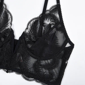 Mesh Embroidery Splicing V - Neck Sxy Underwear Gloves Five - piece Set - Negative Apparel