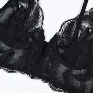 Mesh Embroidery Splicing V - Neck Sxy Underwear Gloves Five - piece Set - Negative Apparel