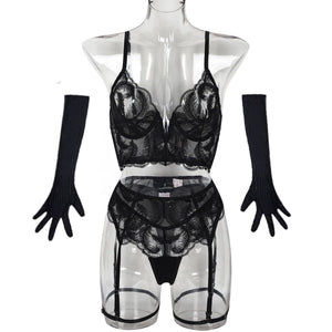 Mesh Embroidery Splicing V - Neck Sxy Underwear Gloves Five - piece Set - Negative Apparel