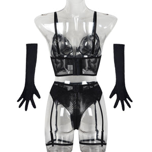 Mesh Embroidery Splicing V - Neck Sxy Underwear Gloves Five - piece Set - Negative Apparel