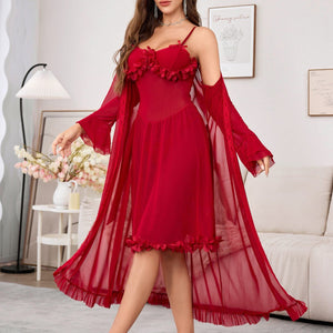 Mesh see - through trumpet sleeve long nightgown - Negative Apparel