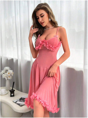 Mesh see - through trumpet sleeve long nightgown - Negative Apparel