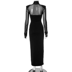 Mesh splicing finger sleeve long sleeve high collar slim bodycon long dress - Negative Apparel