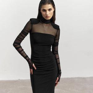 Mesh splicing finger sleeve long sleeve high collar slim bodycon long dress - Negative Apparel