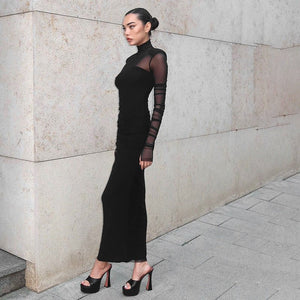 Mesh splicing finger sleeve long sleeve high collar slim bodycon long dress - Negative Apparel