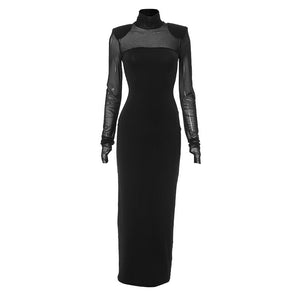 Mesh splicing finger sleeve long sleeve high collar slim bodycon long dress - Negative Apparel
