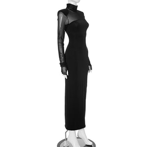Mesh splicing finger sleeve long sleeve high collar slim bodycon long dress - Negative Apparel