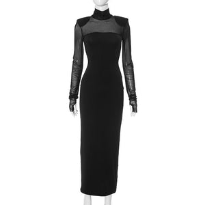 Mesh splicing finger sleeve long sleeve high collar slim bodycon long dress - Negative Apparel