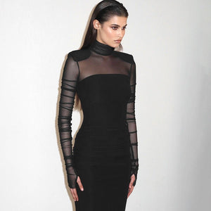 Mesh splicing finger sleeve long sleeve high collar slim bodycon long dress - Negative Apparel