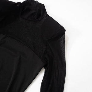Mesh splicing finger sleeve long sleeve high collar slim bodycon long dress - Negative Apparel