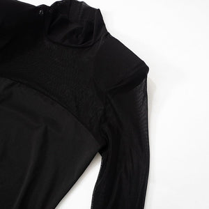 Mesh splicing finger sleeve long sleeve high collar slim bodycon long dress - Negative Apparel