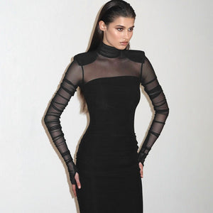 Mesh splicing finger sleeve long sleeve high collar slim bodycon long dress - Negative Apparel