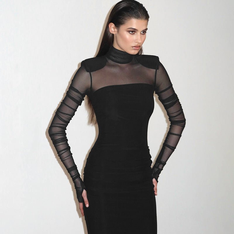 Mesh splicing finger sleeve long sleeve high collar slim bodycon long dress - Negative Apparel