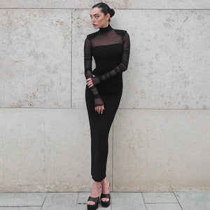 Mesh splicing finger sleeve long sleeve high collar slim bodycon long dress - Negative Apparel